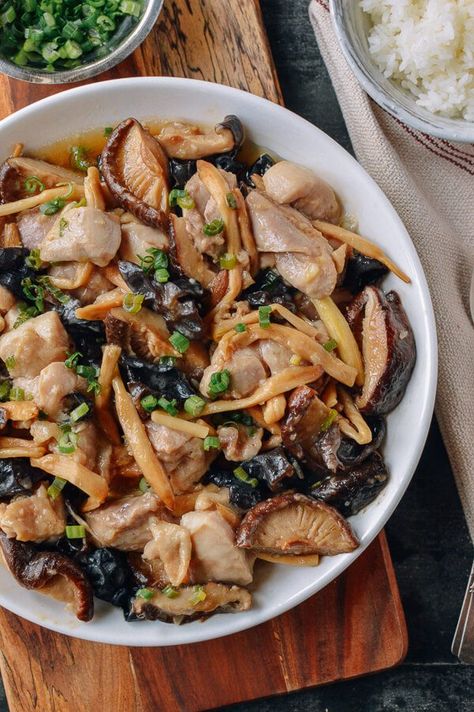 Steamed Chicken with Mushrooms & Dried Lily Flowers, by thewoksoflife.com Chinese Food Recipes Chicken, Confinement Food, Chicken With Mushrooms, Chicken And Mushrooms, Chicken Mushrooms, Wok Of Life, Chinese Chicken Recipes, Chinese Food Recipes, Steamed Chicken