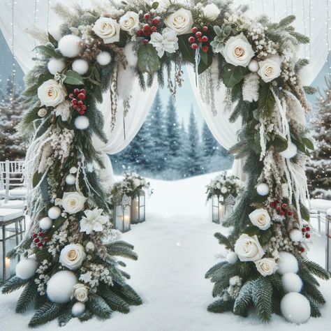 Flowers for a Wedding Arch Creating a Stunning and Memorable Backdrop (10) Wedding Arch Christmas Theme, December Wedding Backdrop, Winter Floral Arch, Winter Arch Wedding, Winter Wedding Arch Ideas, Christmas Wedding Arch, Christmas Tree Arch, Tom Cake, Winter Wedding Arch