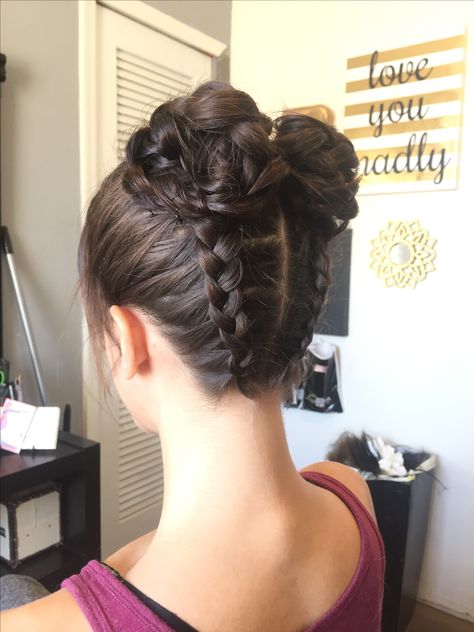 Braided Hairstyles Space Buns, Hairstyle With Two Buns, Braided Bun For Short Hair, Elegant Space Buns, Formal Space Buns, Brown Hair Space Buns, Braids And Buns Hairstyles, Space Buns Braids, Space Buns With Braids