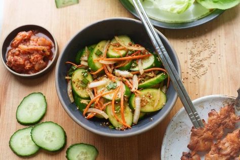 Korean Cucumber Salad Recipe (Oi Muchim) - Hungry Huy Korean Cucumber Side Dish, Cucmber Salad, Oi Muchim, Sunomono Salad, Korean Salad, Korean Cucumber Salad, Korean Cucumber, Asian Cucumber Salad, Cucumber Salad Recipe