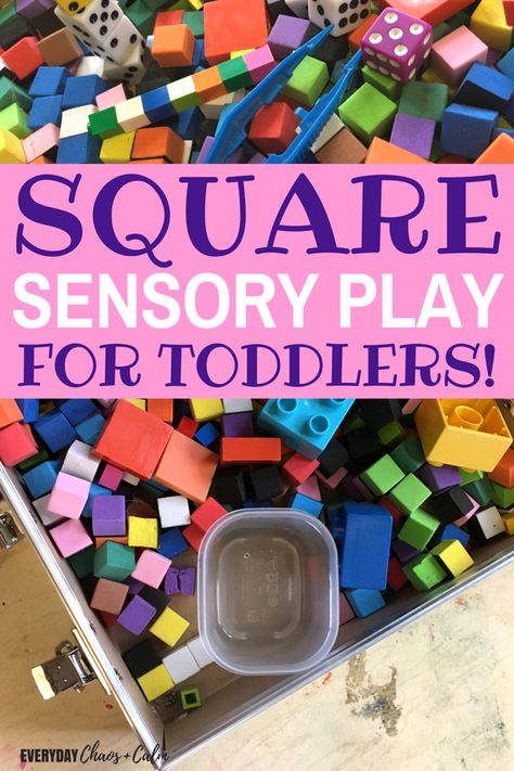 Sensory Bin Activities: Help your toddler learn shapes with this fun square sensory bin! Sensory Tubs, Sensory Activities Toddlers, Shapes Preschool, Toddler Sensory, Sensory Bottles, Sensory Table, Shapes Activities, Toddler Snacks, Kids Sensory