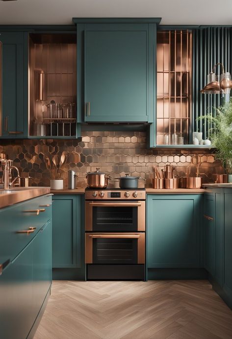 Teal Kitchen Cabinets, Teal And Copper, Turquoise Cabinets, Turquoise Kitchen Decor, Best Kitchen Colors, Copper Kitchen Decor, Turquoise Kitchen, Teal Kitchen, Design Your Kitchen