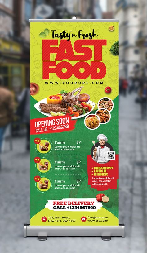 Fast Food Restaurant Roll Up Banner PSD - PSD Zone Standy Ads For Food, Food Banners Designs, Restaurant Standee Design, Roll Up Banner Design Food, Fast Food Poster Design Ideas, Advertisment Posters Ideas, Standy Ads Design, Food Standee Design, Food Banner Design Ideas