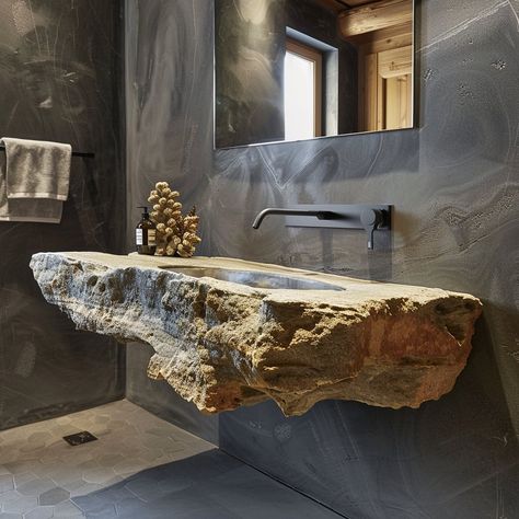 Introducing the “Aether Basin” – a surreal bathroom sink that defies gravity with floating rocks, blending natural beauty and futuristic design for an otherworldly experience. Conceptual AI Art Follow @ecosapiens for more! Vanity Basins Modern, Rock Sinks Bathroom, Unique Sinks Bathroom, Rock Bathroom Ideas, Rock Bathtub, Rock Sink, Stone Sink Bathroom, Floating Rocks, Bathroom Design Wood