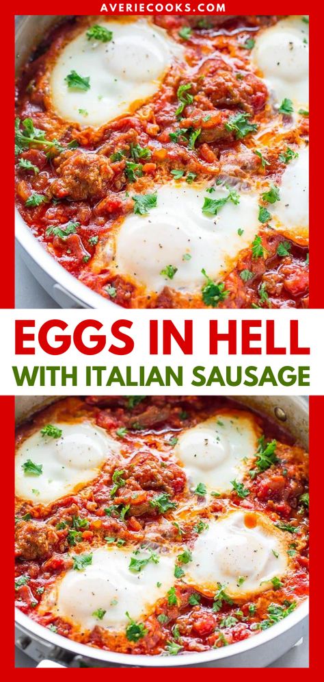 Shakshuka with Italian Sausage (Eggs in Hell) - Averie Cooks Breakfast Italian Sausage, Eggs Cooked In Tomato Sauce, Eggs In Tomato Sauce Breakfast, Italian Sausage Egg Bake, Tomatoes And Eggs Recipes, Breakfast Ideas With Tomatoes, Italian Breakfast Recipes Authentic, Pasta Breakfast Recipes, Quick And Easy Dinner Recipes Sausage