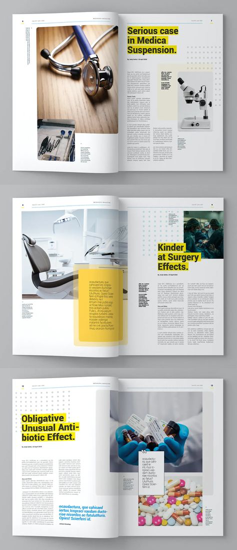 Medicine Magazine Template InDesign - 15 custom pages design Magazines Layout Design, Education Magazine Layout, Magazine Inside Page Design, Medical Magazine Design, Science Magazine Design, Science Magazine Layout, Magazine Spread Design, Medical Magazine, Layout Editoriale