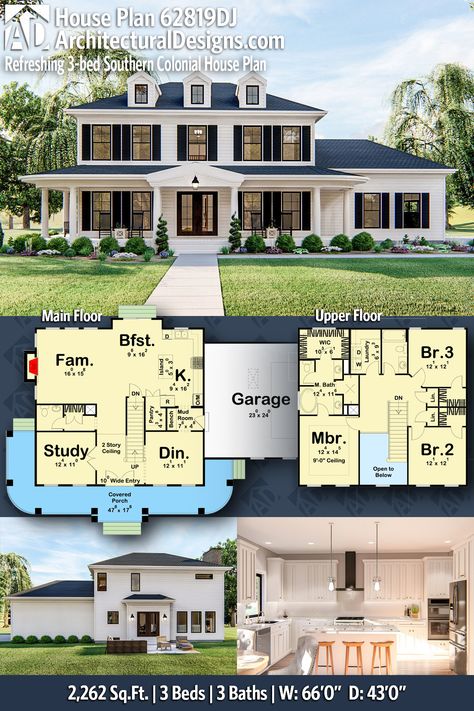 Colonial House Floor Plans, Southern Colonial House Plans, Southern Colonial, Colonial House Plans, American House Plans, Free House Plans, Home Design Floor Plans, House Construction Plan, American House