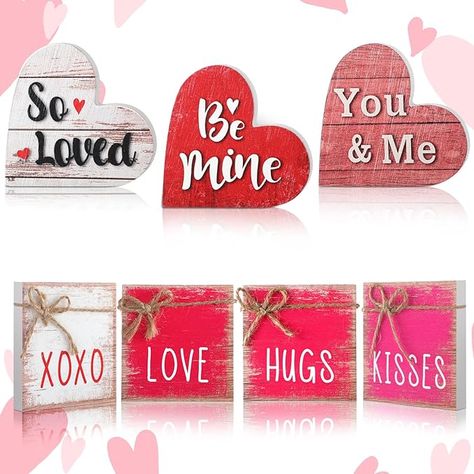 These signs are on the small side which I think went perfectly with my daughters valentines photoshoot. Valentines Day Tiered Tray Decor, Anniversary Party Decor, Wedding Anniversary Party Decorations, Conversation Heart, Hugs Kisses, Wooden Decoration, Romantic Colors, Wedding Anniversary Party, Love Sign