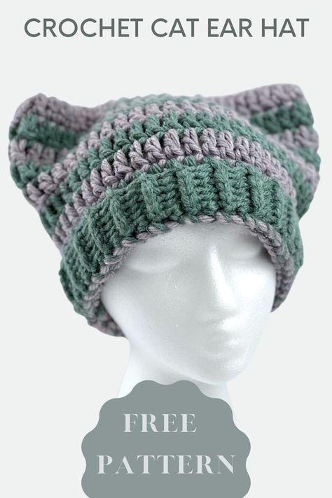 a mannequin head display wearing a crochet beanie with cat ears. Cat Ear Beanie Crochet Pattern, Cat Ear Hat Crochet Pattern, Cat Ear Hat Pattern, Cat Hat Pattern, Cat Ear Hat, Beanie Pattern Free, Crochet Beanie Pattern Free, Cat Ear Beanie, Crochet Cat Hat