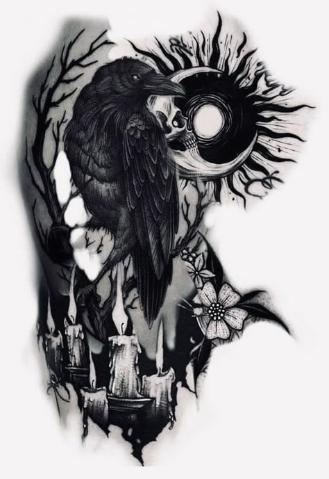 Conjuring Tattoo Ideas, Dark Gothic Tattoo Ideas, Raven Skull Tattoo, Black Crow Tattoos, Tattoo Crane, Wilderness Tattoo, Crow Tattoos, Raven Tattoos, Rabe Tattoo