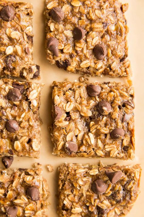 4-Ingredient Banana Oatmeal Bars - The Roasted Root Banana Oatmeal Bars, Oatmeal Bars Healthy, Oatmeal Chocolate Chip Bars, Healthy Oatmeal Breakfast, Banana Baked Oatmeal, Oatmeal Breakfast Bars, Healthy Granola Bars, Healthy Bars, Granola Healthy