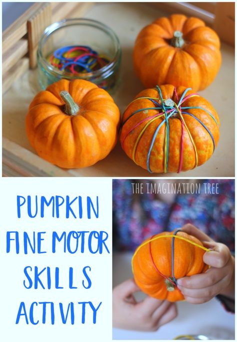 Pumpkin Fine Motor Skills Activity - The Imagination Tree Fine Motor Skills Halloween Activities, Pumpkin Theme Fine Motor Activities, Harvest Large Motor Activities, Eyfs Pumpkin Ideas, Pumpkin Manipulatives Preschool, Pumpkin Cognitive Activities Preschool, Harvest Time Preschool Activities, Fine Motor Activities For Preschoolers Fall, Pumpkin Small Group Activities