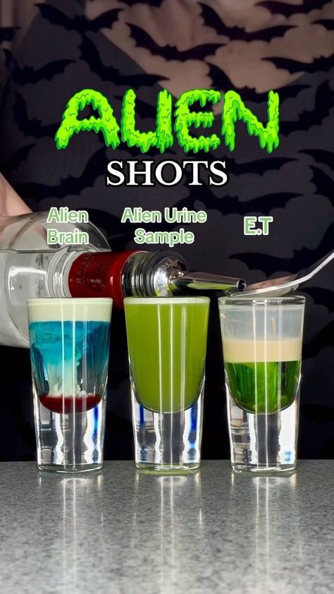 ALIEN SHOTS 👽 Alien Brain Haemorrhage, Alien Urine Sample & E.T 🖖🏼 #alienshots #halloweenshots Over 18s only. | McFly's | Global Genius · Bizarre Circumstances Bartending Basics, Shots Alcohol Recipes, Bartender Drinks Recipes, Halloween Drinks Alcohol, Alien Party, Bartender Drinks, Cocktail Shots, Shots Alcohol, Classic Cocktail Recipes