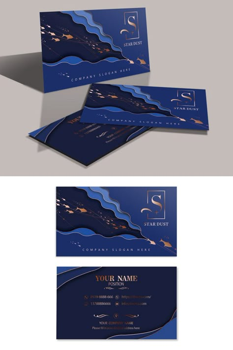 Business Card Design For Graphic Designer, Blue And Gold Graphic Design, Art Business Cards Ideas, Business Card Creative Ideas, Buissnes Card Ideas Graphic Design, Namecard Design Creative, Blue And Gold Logo, Dark Packaging, Business Card Art