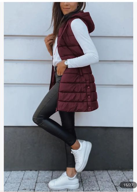 Maroon Vest Outfits For Women, Long Vest Outfits For Women Winter, Long Vests For Women, How To Style Long Puffer Vest, Maroon Puffer Vest Outfit, Women Puffer Vest Outfits, Maroon Vest Outfit, Long Puffer Vest Outfits For Women, Burgundy Vest Outfit