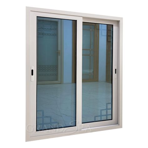 The white color window frame matched with blue reflective tinted glass, which brings a good mood for house environment. Color Window Frame, Pvc Windows Design, Glass Windows Modern, Glass Sliding Window, Tinted Glass Window, Window With Grill, Aluminum Windows Design, Sliding Window Design, Sliding Glass Windows