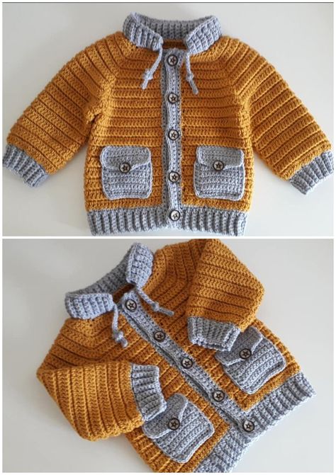 Crochet Lovely Jacket With Pockets For Baby - Crochet Ideas Baby Boy Crochet Patterns, Crochet Baby Boy Clothes, Crochet Baby Boy Sweater, Baby Clothes Crochet, Jaket Crochet, Crochet Baby Clothes Boy, Vestidos Bebe Crochet, Toddler Crochet, Crochet Patterns Baby Boy