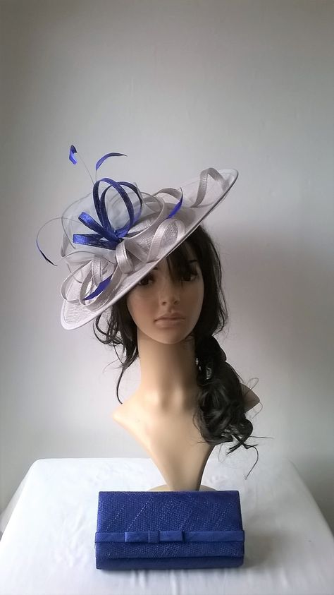 Grey Fascinator, Kentucky Derby Style, Grey Sapphire, Disc Style, Sinamay Fascinator, Sinamay Hats, Feather Fascinator, Wire Headband, Purple Bag