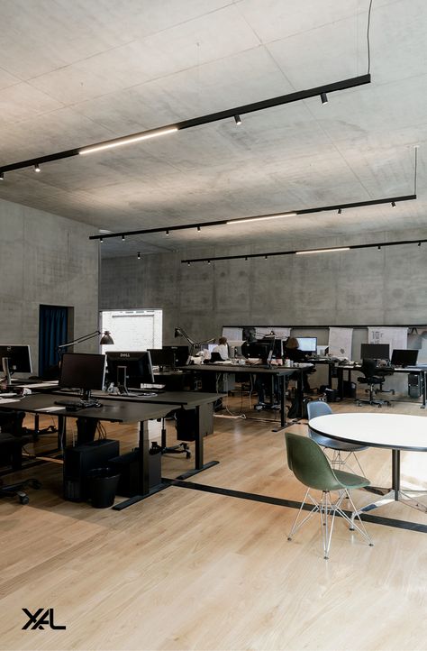 The sleek MOVE IT 25 system with its various insets offers flexibility for lighting for workplaces. The tool-less mounting of spotlights and linear insets delivers perfect combination options in this modern concrete office design with collaborative workspaces. | Architect: Christian Cold | Lighting Designer: Christian Cold, anker & co | Photographer: Kris Dekeijser #xal#seethelight#architecturallighting #interiordesign#lighting#lightingdesign #ledlighting#officelighting#workspacelighting Concrete Office Interior, Office Interior Design Workspaces, Workspace Lighting, Modern Office Design Inspiration, Photographers Office, Led Office Lighting, Concrete Office, Industrial Workspace, Concrete Interior Design