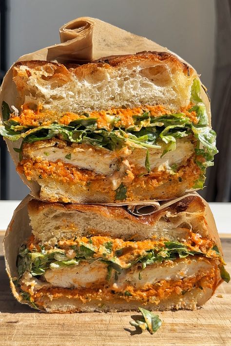 Crunchy Chicken Romesco Sandwich Spanish Sandwiches Recipes, Chicken Carbonara Sandwich, French Onion Chicken Sandwich, Challah Bread Sandwich, Best Bread For Sandwiches, Authentic Italian Sandwich, Fried Chicken Cutlet Sandwich, New Sandwich Ideas, Vodka Chicken Parm Sandwich