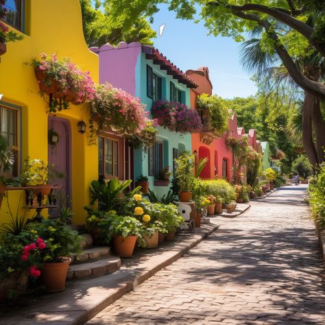 Homes In Merida Mexico, Colorful Homes Exterior, Colorful Spanish House, Mexican Exterior Houses, Arizona Casita, Mexican Neighborhood, Colorful Mexican House, Colorful Townhouses, Colombian House