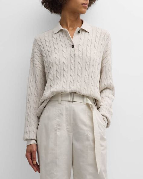 B8XXY Brunello Cucinelli Cotton Diamante Cable Knit Polo Sweater Polo Sweaters Women, Knit Polo Sweater, Pullovers Outfit, Knit Polo, Polo Sweater, Summer Knitting, Casual Work Outfits, Knitting Inspiration, Winter Sweaters