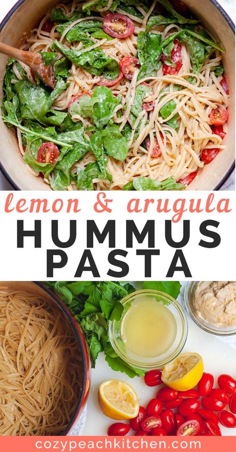 This hummus pasta with lemon and arugula is so creamy, flavorful and easy to make using pantry ingredients. This quick vegan recipe is healthy and easily customized. #vegan #veganrecipe #mealprep #pasta Hummus Flavors, Pasta With Lemon, Lemon Hummus, Hummus Pasta, Peach Kitchen, Easy Vegetable Side Dishes, Quick Vegan, Quick Vegan Meals, Pantry Ingredients