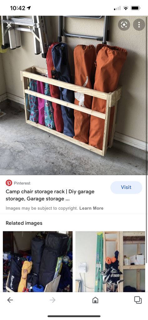 Storing Chairs In Garage, Lawn Chair Organization, Patio Umbrella Winter Storage, Cushion Storage Garage, Umbrella Organization Ideas, Garage Chair Storage, Camping Chair Storage, Camp Chair Storage, Picnic Chairs