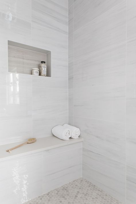 Large White Tiles, Large Tile Bathroom, Large Shower Tile, White Shower Tile, House Development, Master Bath Tile, White Tile Shower, Master Bath Shower, Shower Wall Tile