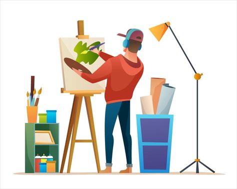 Artist painting on canvas while listening music with headphone in studio concept illustration Artist Painting On Canvas, Female Artists Painting, Canvas Cartoon, Architectural Presentation, Listening Music, Frame Border Design, Female Artist, Concept Illustration, Frame Border