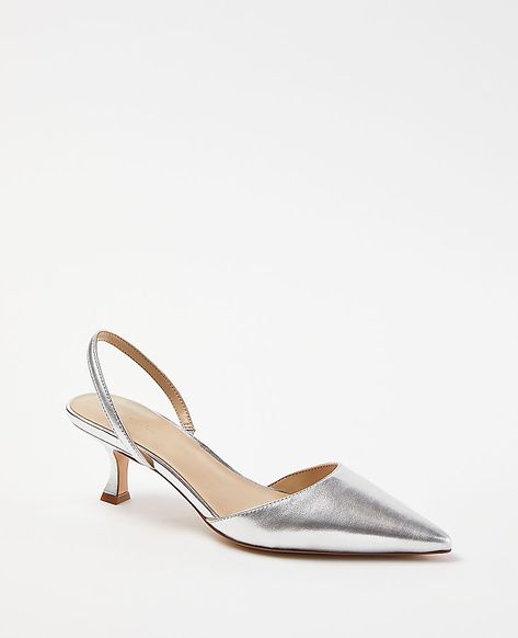 Metallic Slingback Outfit, Metallic Kitten Heels, Silver Slingback Heels, Silver Slingback Heels Outfit, Kitten Heels Aesthetic, Silver Shoes Low Heel, Slingback Heels Outfit, Silver Pointed Heels, Silver Pumps Heels