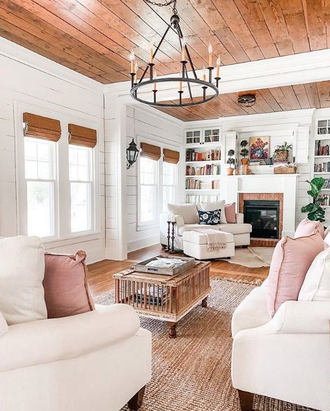 Wood Plank Ceiling, Thrifted Decor, Southern Cottage, Plank Ceiling, Living Tv, Cottages And Bungalows, Farmhouse Inspiration, Wood Ceiling, Pine Floors