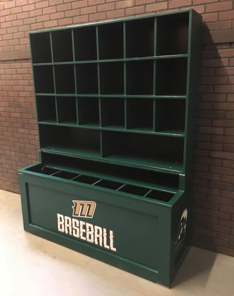 PYT Sports - Comes fully assembled in your teams color with your teams logos all at a affordable price. Baseball Bat Storage Ideas, Hockey Gear Storage, Baseball Bat Storage, Highschool Baseball, Bat Storage, Softball Dugout, Baseball Dugout, Helmet Storage, Batting Cage