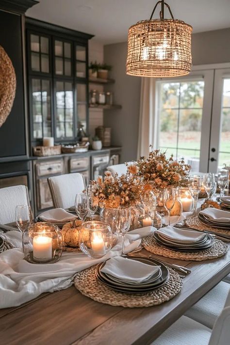 Dinning Room Fall Table Decor, Elegant Fall Centerpieces, Hygge Dining Room, Autumn Dining Room, Dining Room Table Setting, Autumn Home Decor Ideas, Autumn Tablescapes, Fall Dining Room Table Decor, Dining Room Table Decor Ideas