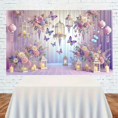 Butterfly Backdrop, Butterfly Birthday Theme, Birthday Purple, Wedding Anniversary Decorations, Garden Backdrops, Backdrop Birthday, Bachelorette Decorations, Butterfly Party, Fiesta Baby Shower