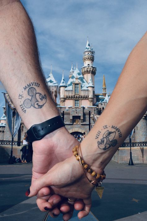 His + hers Mickey + Minnie Mouse anniversary tattoos. Since we spent so much time searching for *just* the right design for our Disney-loving selves, thought I’d post it here for others’ inspiration 😊 Mickey and Minnie matching tattoos. Couple Disney Tattoos Matching, Mickey Mouse Matching Tattoos, Disney Love Tattoos, Couples Disney Tattoos, Matching Tattoos Disney, Disney Tattoos For Couples, Couple Tattoos Disney, Mickey Minnie Tattoo, Mickey Mouse Tattoo Design