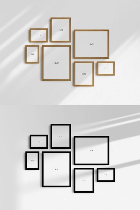 Bedroom Gallery Wall – Gallery Wall Mockup Set Of 7 Medium Thick Frames Minimalist Wall Art Frame Mockup - davidreed.co Photo Gallery Wall Layout, Picture Wall Living Room, Gallery Wall Template, Gallery Wall Mockup, Small Gallery Wall, Photowall Ideas, Wall Layout, Photo Collage Wall, Frames Sizes