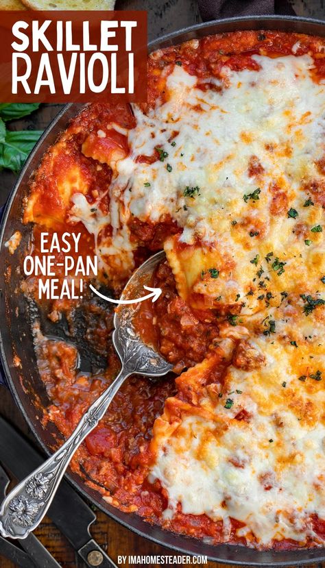 a skillet filled with ravioli and meat sauce, with a scoop ready to dish up a serving. One Pot Ravioli, One Pan Ravioli Dinner, One Pot Ravioli Recipe, Italian Sausage Ravioli Recipe, Ravioli Dishes, Frozen Ravioli Recipes, Skillet Ravioli, Beef Ravioli Recipe, Ravioli Homemade