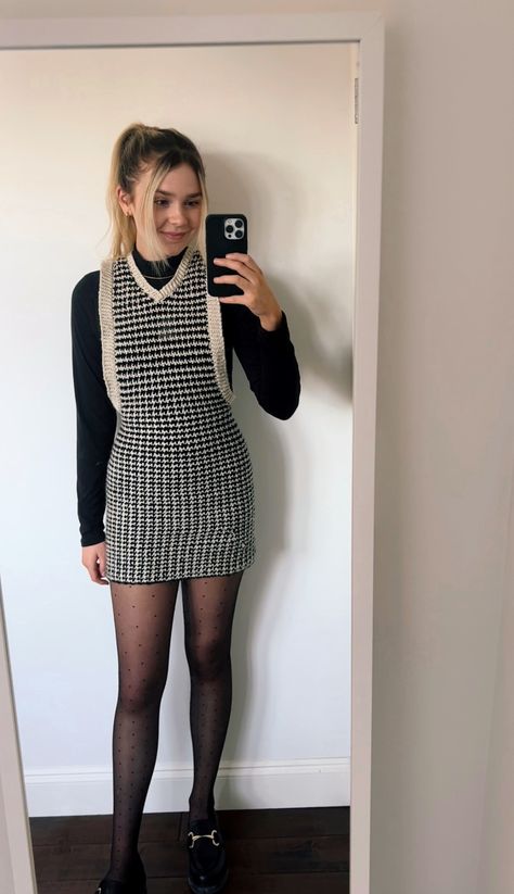 Ready for fall 🧡✨ This houndstooth crochet dress I made is serving old money vibes with these loafers! Professional Crochet Outfits, Crochet Houndstooth Skirt, Crochet Office Wear, Crochet Work Outfit, Crochet Business Casual, Old Money Crochet, Houndstooth Crochet, Working Hands, Houndstooth Skirt