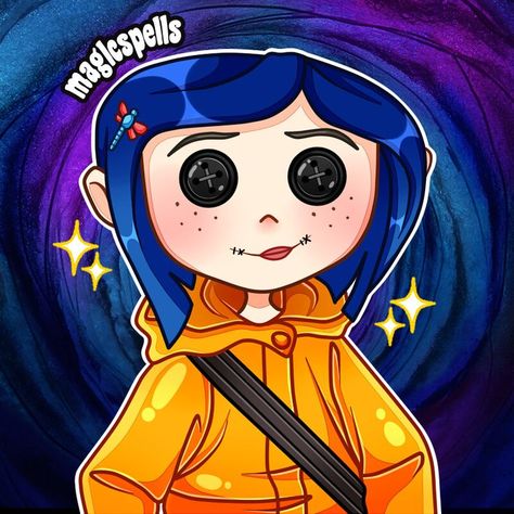 By Maglc Spells (Coraline - Coraline Jones) Coraline Fanart, Coraline Characters, Coraline Cat, Coraline Drawing, Glitter Tiles, Skeleton Artwork, Coraline Art, Newest Horror Movies, Coraline Doll