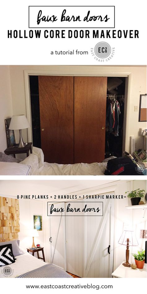 DIY Faux Barn Doors:  Hollow Core Door Makeover from East Coast Creative! Fixer Upper Style Bedroom, Hollow Core Door Makeover Diy, Hollow Core Door Makeover, Farmhouse Makeover, Bedroom Closet Doors, Door Makeover Diy, Closet Door Makeover, Hollow Core Doors, Sliding Closet