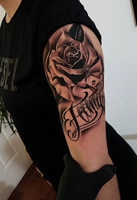 Flower and font sleeve tattoo Quarter Sleeve Tattoo, Shoulder Sleeve Tattoos, Quarter Sleeve Tattoos, Half Sleeve Tattoos Drawings, Omerta Tattoo, Sleeve Tattoo Ideas, Mens Shoulder Tattoo, Skeleton Hand Tattoo, Back Of Shoulder Tattoo