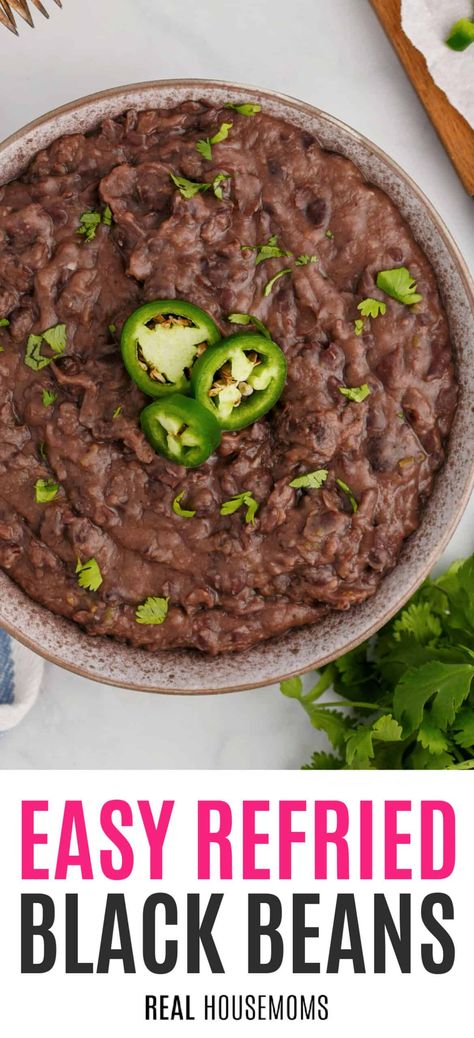 Smokey, creamy Refried Black Beans are the perfect side dish to enjoy with all your Mexican-inspired meals, and are ready in only 30 minutes! #Realhousemoms #refriedbeans #blackbeans #mexicansidedish #sidedish #musthave #cincodemayo #beandip #beans Black Bean Refried Beans, Make Refried Beans, Refried Black Beans, Taco Side Dishes, Mexican Black Beans, Refried Beans Recipe, Mexican Side Dishes, Black Bean Recipes, How To Cook Beans