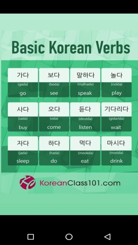 Korean Verbs Grammar, Korean Verbs Conjugation List, Korean Basic Words, Learn Basic Korean Language, Verbs In Korean, Basic Korean Words, Korean Words And Phrases, Learn To Speak Korean, Korean Verbs