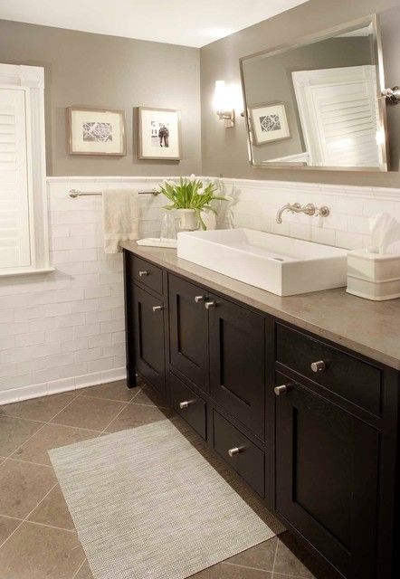 brushed nickel wall tiles | ... Brushed Nickel Hardware, Dark Wood Cabinets, French Subway Tile Back Tan Bathroom, Grey Wall Color, Subway Tiles, Dark Cabinets, Bathroom Redo, Grey Bathrooms, Bathroom Renos, Bath Ideas, Traditional Bathroom