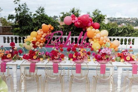 Letters By LouLou on Instagram: "Posted @withregram • @lettersbyloulou 🧡🌷🎡• R A C H E L L A •🎡🌷🧡 Striking shades of magenta and tangerine for Rachel’s tutti fruity hens! Featuring our oversized foam signage and decals! Enquire today to bring your celebratory vision to live at info@lettersbyloulou.com.au Styling & planning @elladee.events Florals @blooms_by_elle Photography @georgejohnphotography Balloons @_meandmytribe Props @thetreasureroom_ Table decor @takemehire Place cards @agapides Floral Bridal Party, Fiesta Bluey, Shades Of Magenta, London Party, Bride Tribe, Floral Bridal, Place Cards, Bday Party, Girls Trip