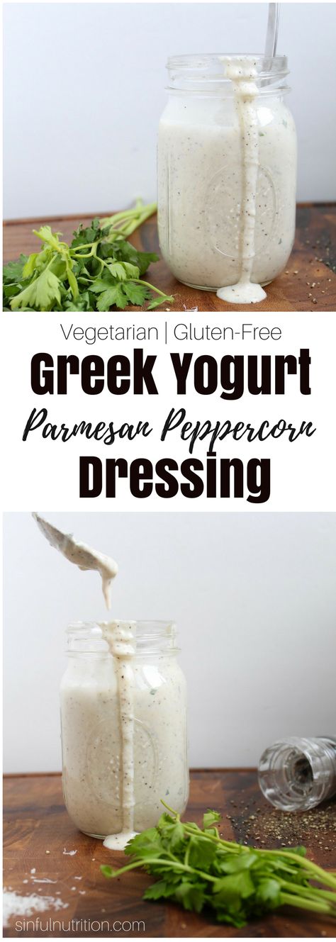 Parmesan Peppercorn Greek Yogurt Dressing Recipe -- A healthy version of a classic creamy dressing perfect for a salad or dip! | Vegetarian | Gluten-Free | @sinfulnutrition Parmesan Peppercorn Dressing, Greek Yogurt Dressing Recipes, Yogurt Dressing Recipe, Peppercorn Dressing, Greek Yogurt Salad Dressing, Salad Greek, Greek Yogurt Dressing, Vegetarian Salad, Yogurt Dressing