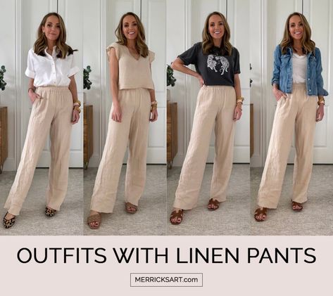 4 Linen Pants Outfits for Spring and Summer - Merrick's Art Linen Pants Dressy Outfit, How To Style Linen Pants Casual Classy, How To Style Boho Pants, Linen Pants Business Casual, Kakis Pants Outfit, Linen Outfits For Women Summer, Tan Linen Pants Outfit, Modest Pants Outfits, Beige Wide Leg Pants Outfit