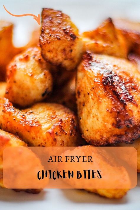 Crispy chicken bits on a white plate. Chicken Pieces Air Fryer, Garlic Chicken Bites Air Fryer, Chicken Chunks Recipe Air Fryer, Keto Chicken Bites Air Fryer, Air Fryer Chicken Bites Corn Starch, Air Fryer Cubed Chicken, Diced Chicken Air Fryer Recipes, Diced Chicken Air Fryer, Bbq Chicken Bites Air Fryer