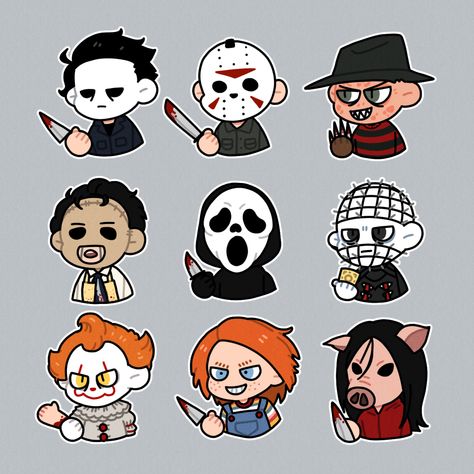 ✨ Cute Horror Movie Characters, Cute Freddy Krueger Drawing, Drawings Of Horror Movie Characters, Cute Horror Characters, Chibi Horror Characters, Chibi Horror Movie Characters, Movie Character Drawings, Disney Horror, Horror Cartoon